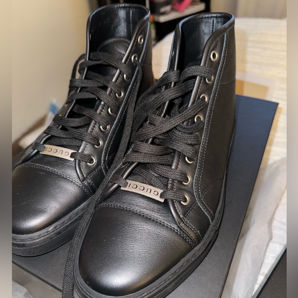 All Black Gucci High Top Boot Sneaker with Silver Gucci Buckle (worn once)